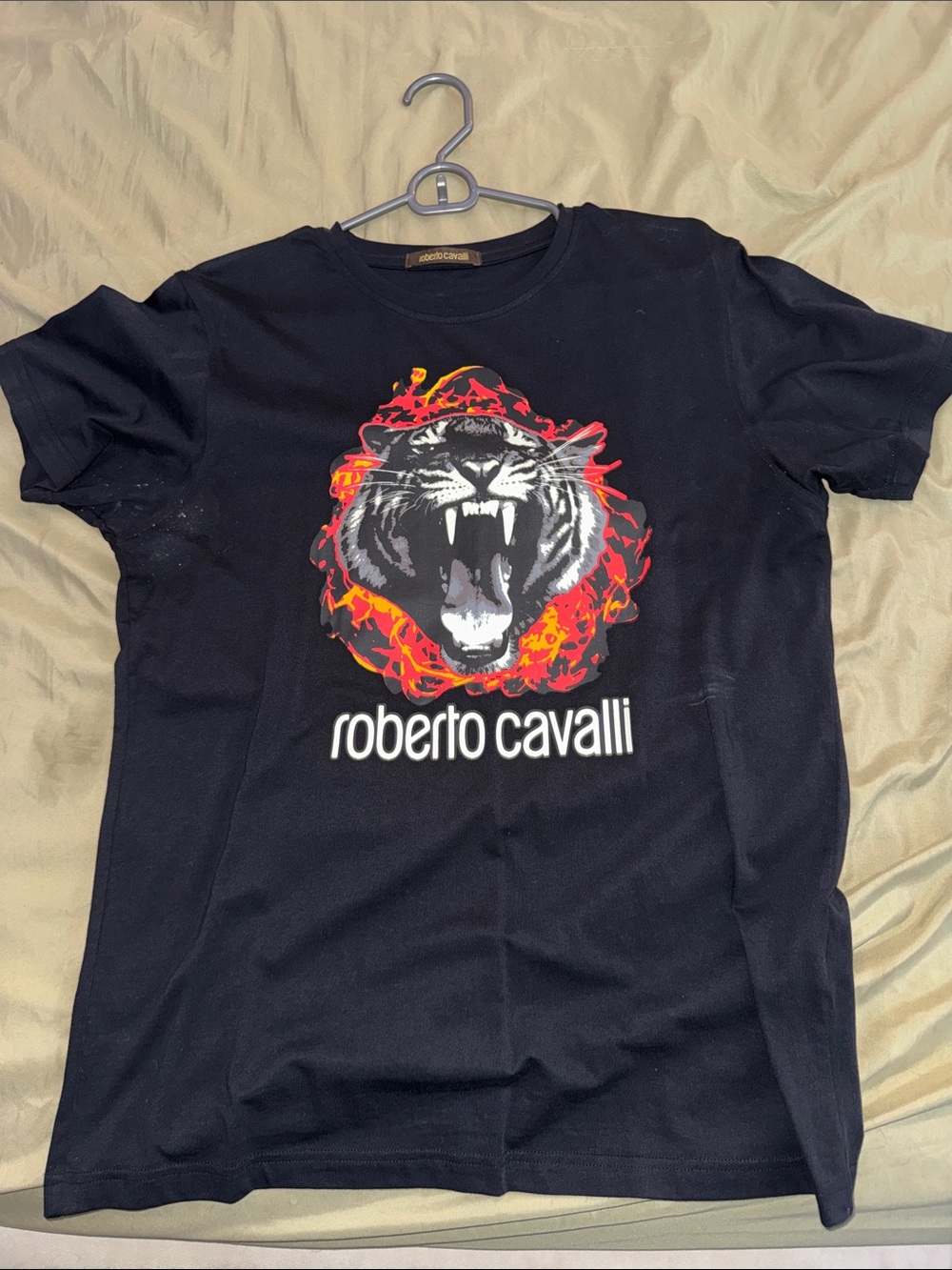 Roberto Cavalli Black Tee with Flaming Tiger Graphic